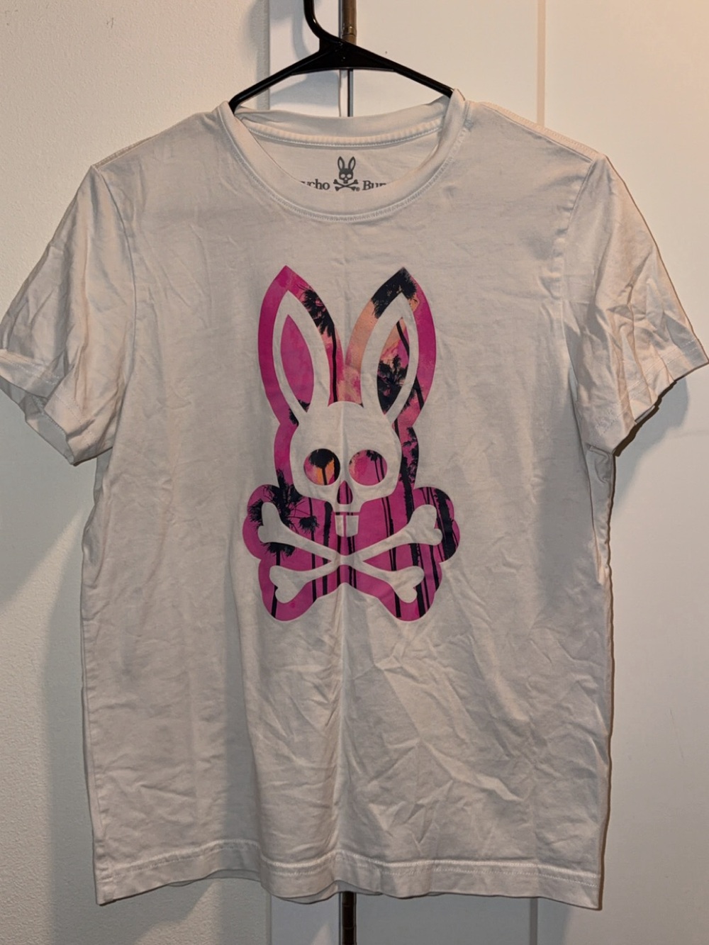 Psycho Bunny White Tee with Pink & Black Bunny Skull